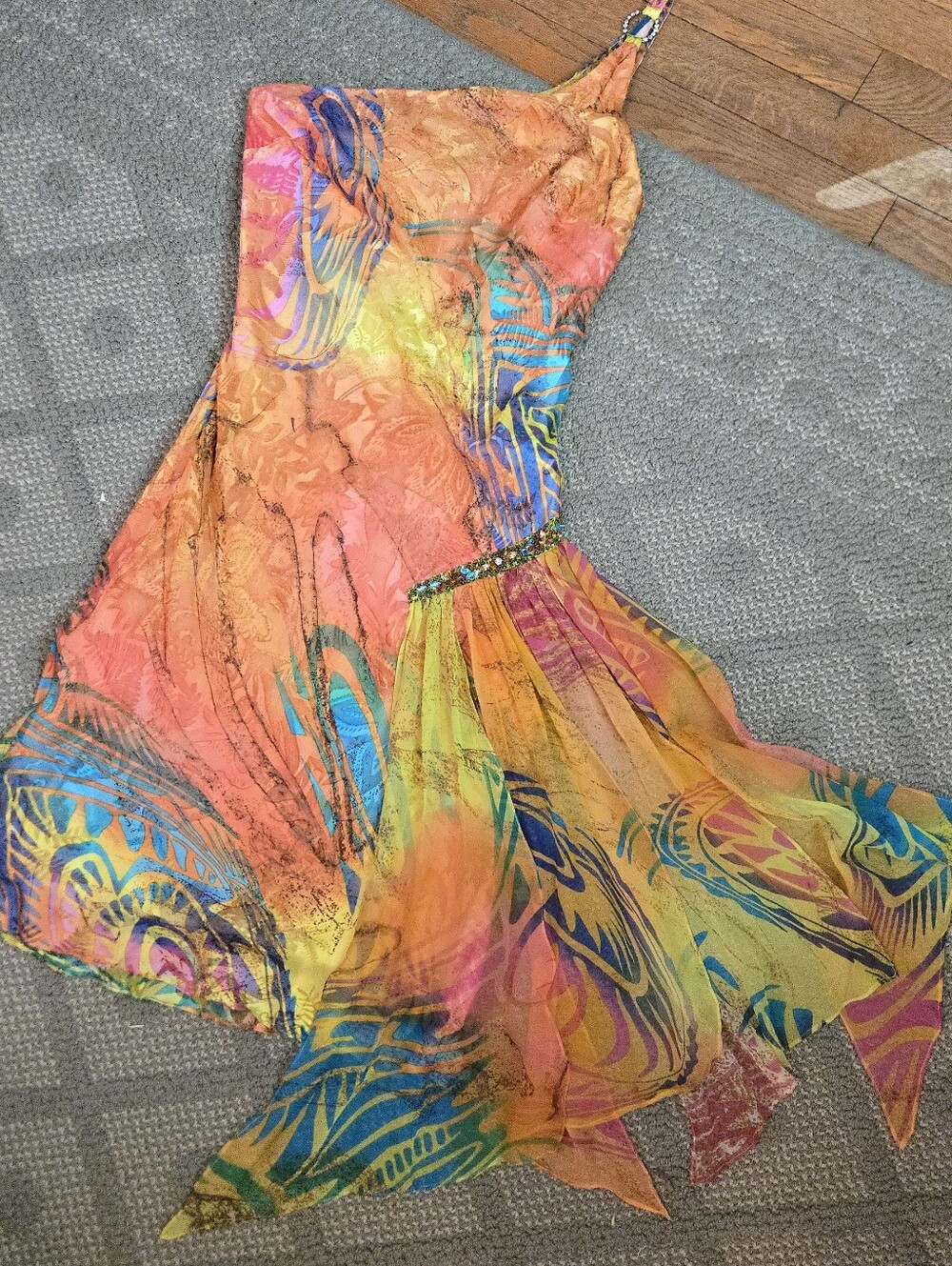 Diane Freis Silk Blend Y2K orange multicolor asymmetrical beaded midi dress - Picture 9 of 16